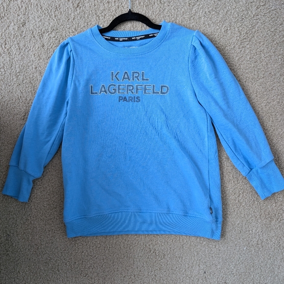 Karl Lagerfeld Rhinestone Logo Puff Shoulder 3/4 sleeve sweater Sz S - Picture 10 of 15